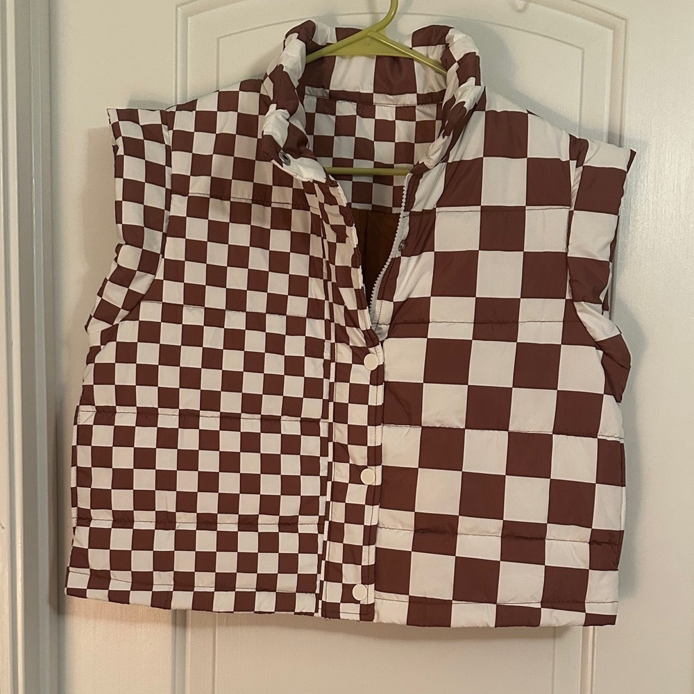 Brown & White Checkered Puffer Vest